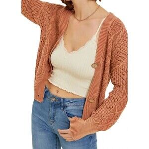HEYSON Baked Clay Washed Cable Knit Button Down Cardigan Medium Bohemian NEW‎